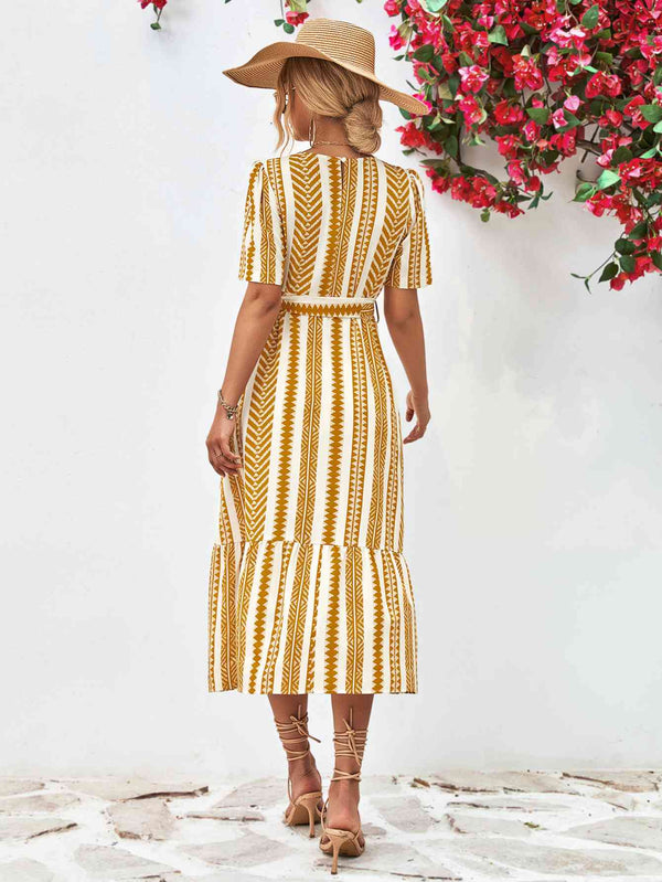 Striped Tie Belt Round Neck Puff Sleeve Dress -BazaarBey - www.shopbazaarbey.com