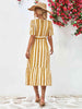 Striped Tie Belt Round Neck Puff Sleeve Dress -BazaarBey - www.shopbazaarbey.com