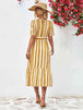 Striped Tie Belt Round Neck Puff Sleeve Dress -BazaarBey - www.shopbazaarbey.com