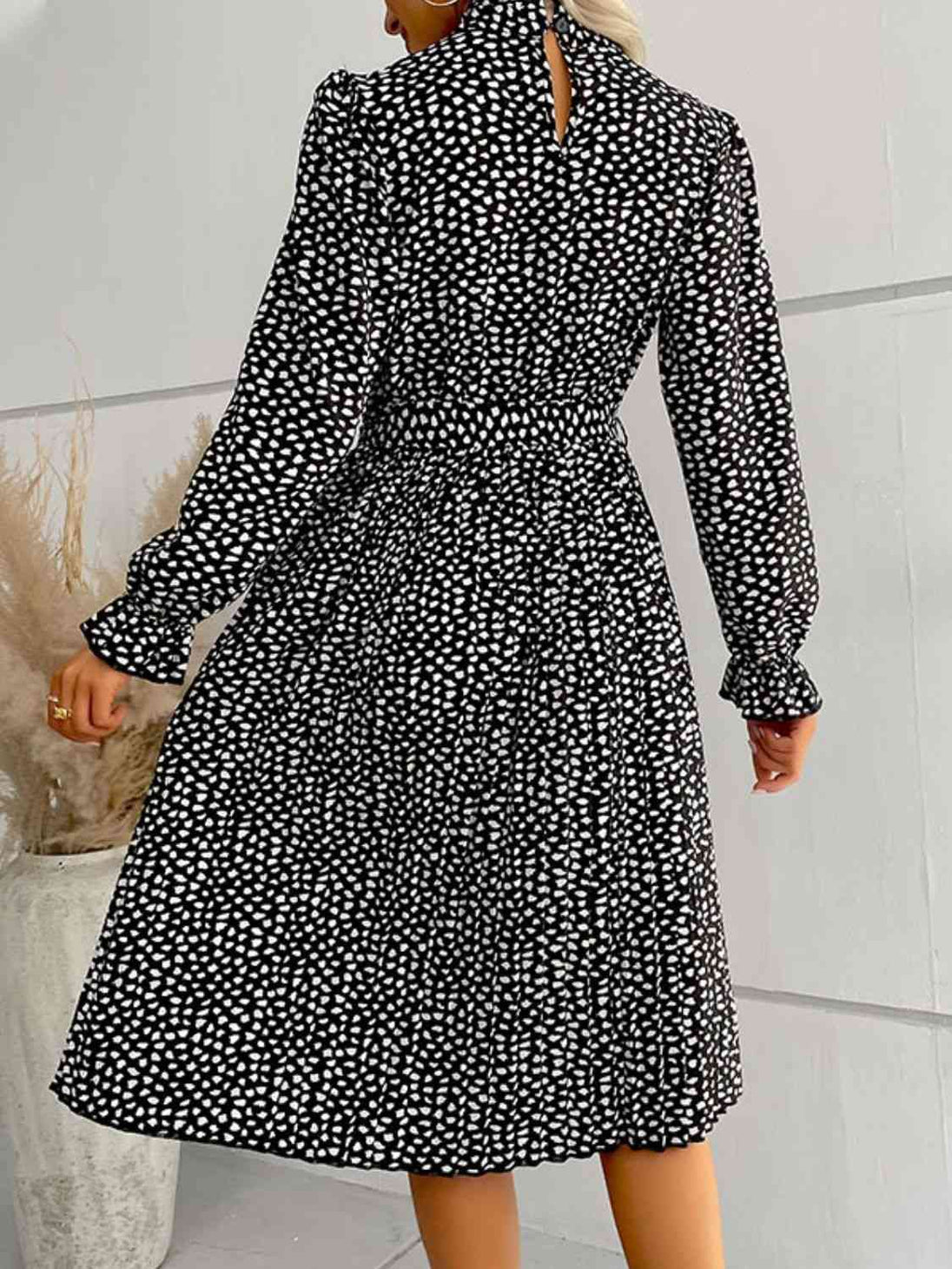 Printed Tie-Waist Flounce Sleeve Keyhole Midi Dress -BazaarBey - www.shopbazaarbey.com
