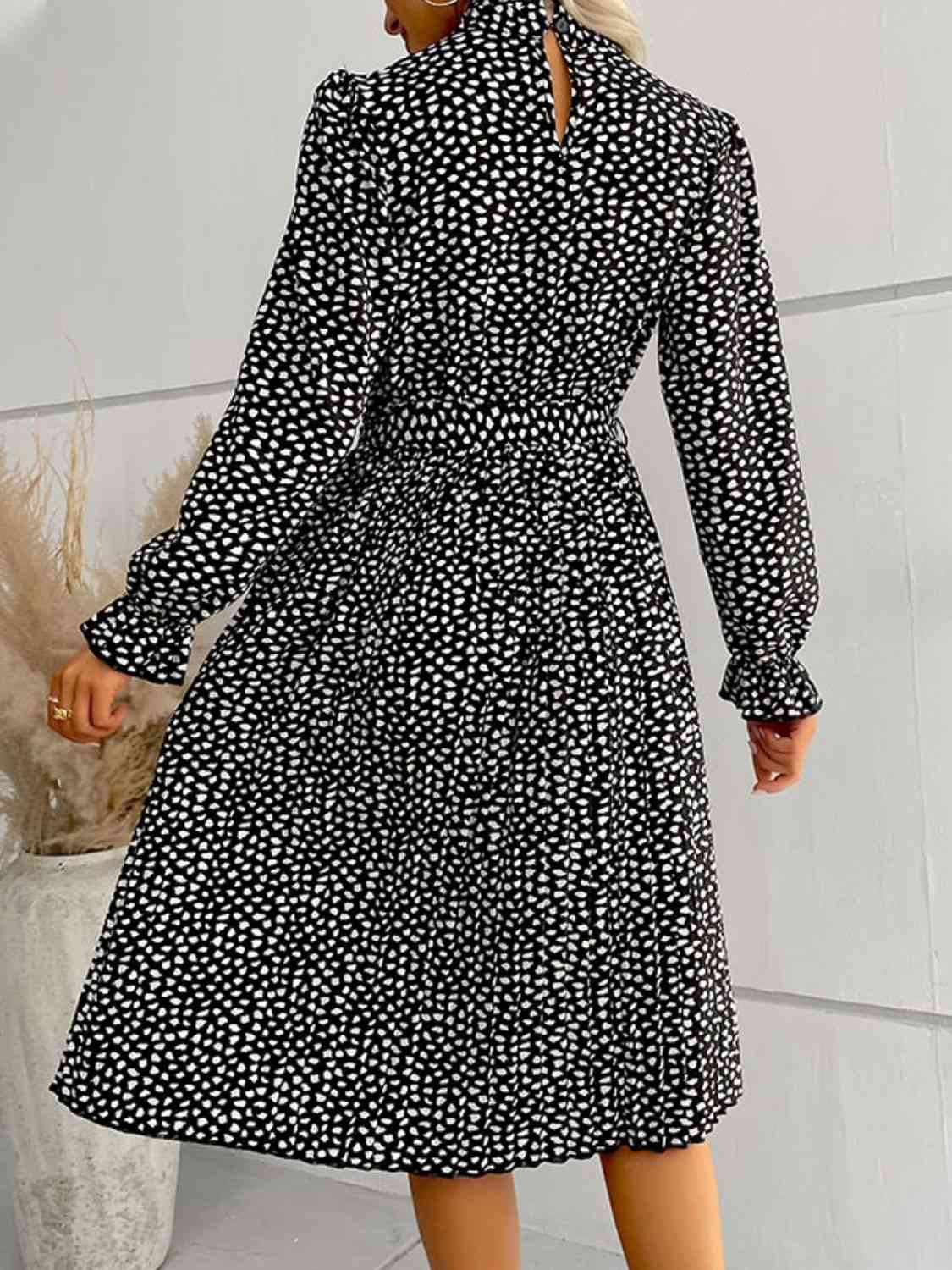 Printed Tie-Waist Flounce Sleeve Keyhole Midi Dress -BazaarBey - www.shopbazaarbey.com