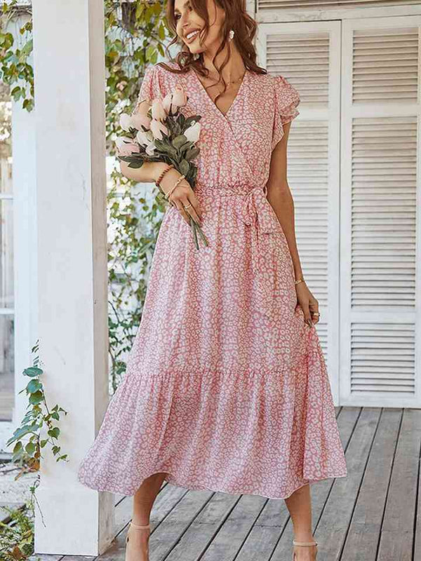 Leopard  Neck Flutter Sleeve Dress -BazaarBey - www.shopbazaarbey.com