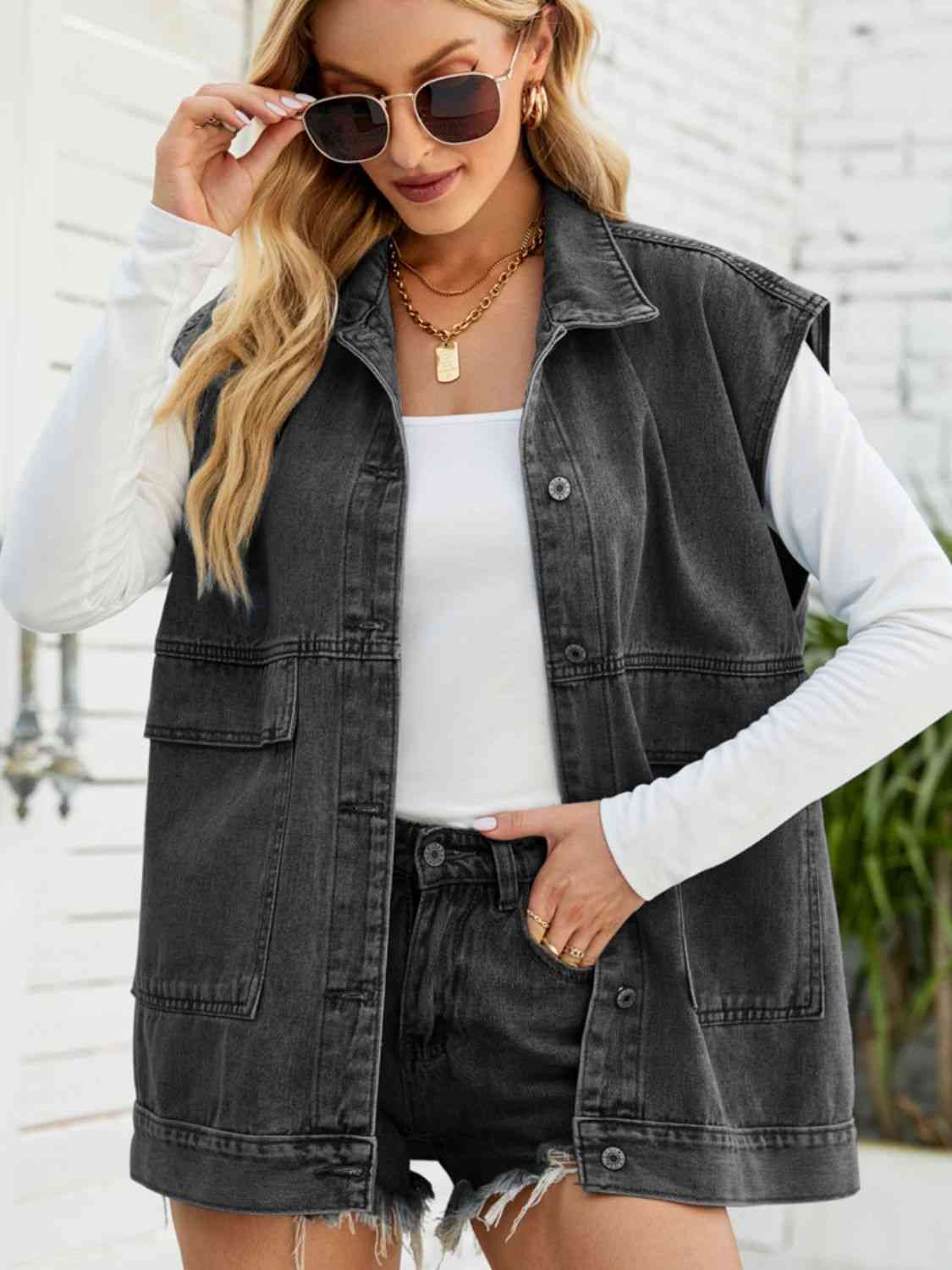 Collared Neck Sleeveless Denim Top with Pockets Bazaarbey