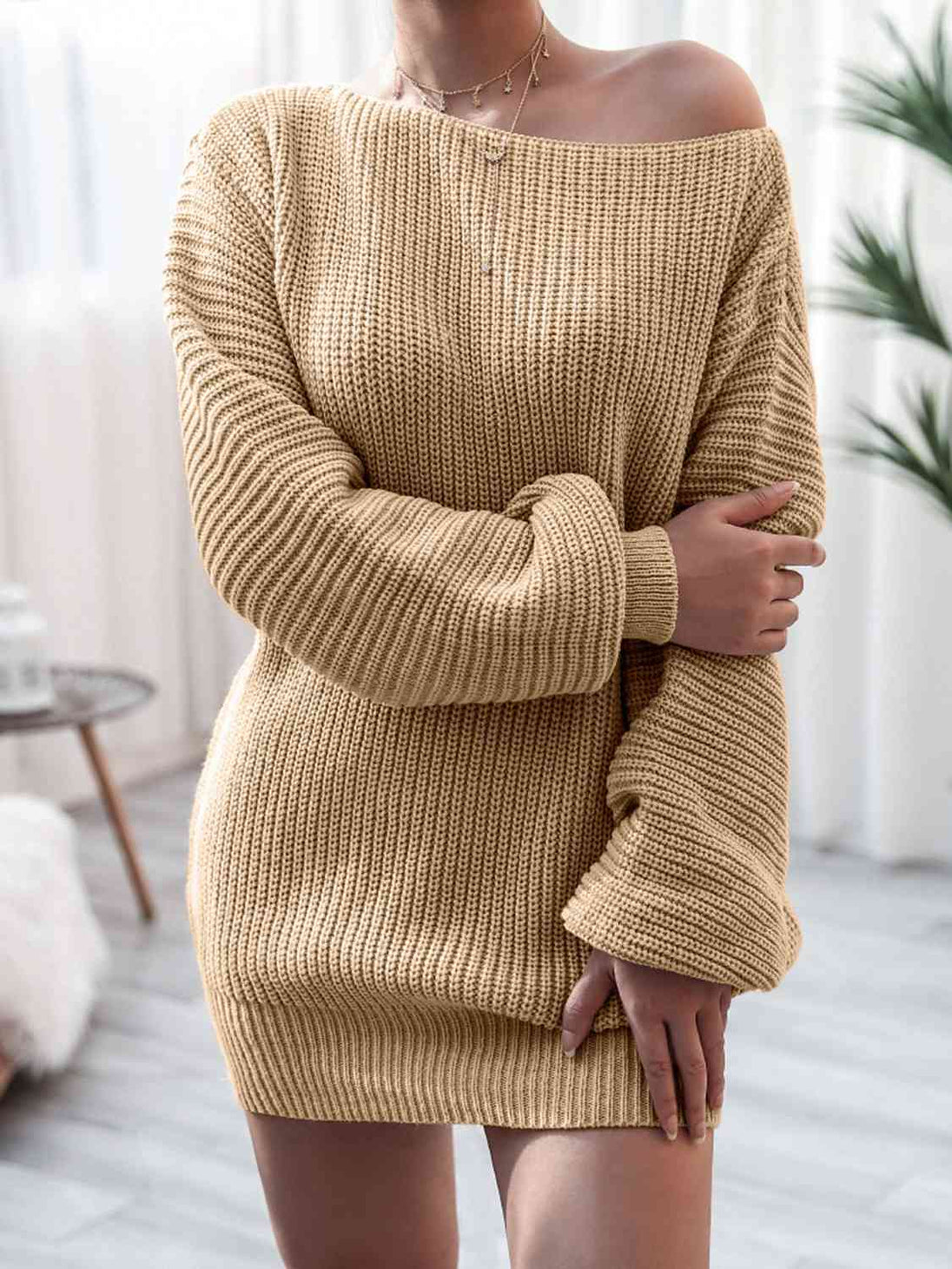 Rib-Knit Mini Sweater Dress Bazaarbey