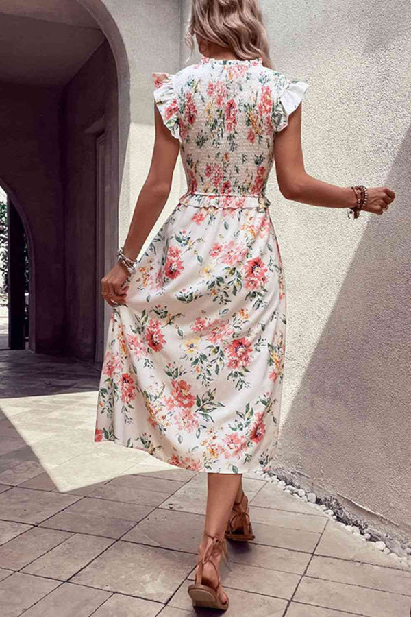 Floral Smocked Butterfly Sleeve Slit Dress -BazaarBey - www.shopbazaarbey.com