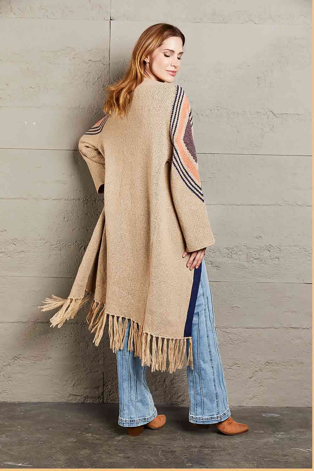  Geometric  Hem Open Front Duster Cardigan Bazaarbey