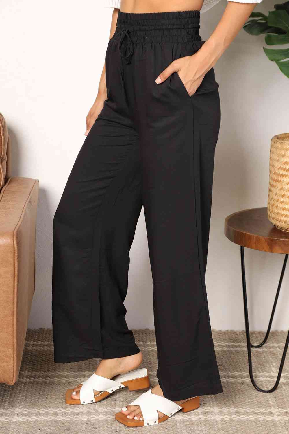  Drawstring Smocked Waist Wide Leg Pants Bazaarbey