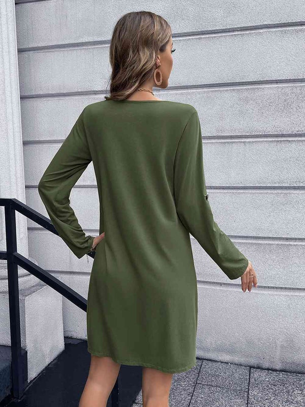 Button Down V-Neck Mini Dress -BazaarBey - www.shopbazaarbey.com