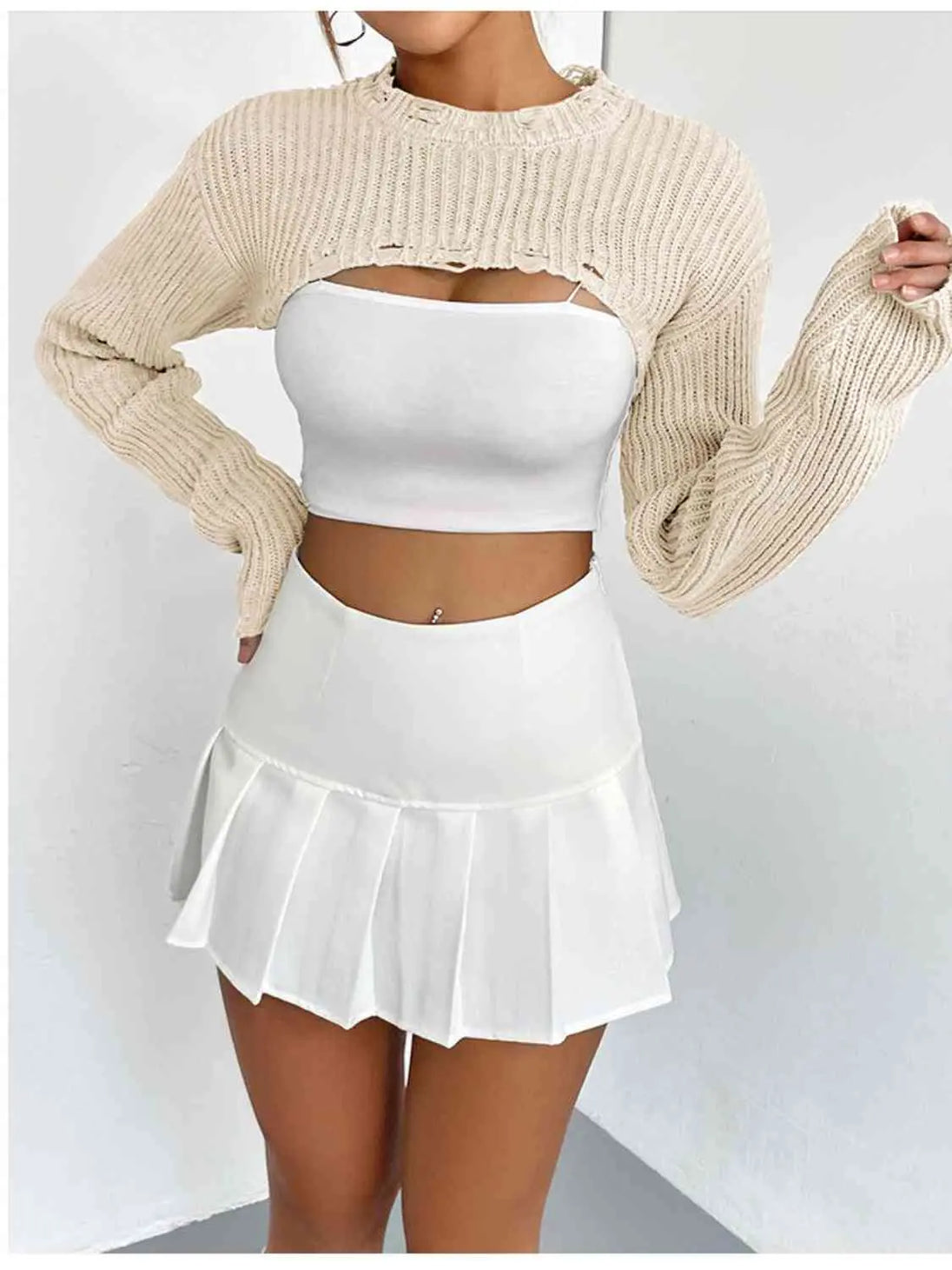 Distressed Long Sleeve Cropped Sweater Trendsi