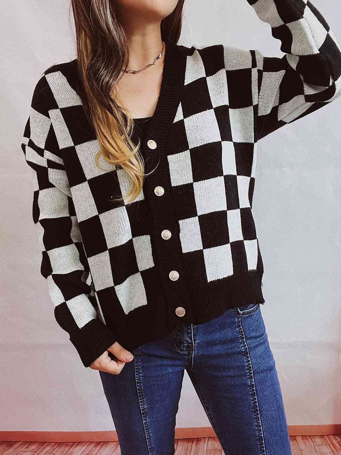 Checkered Open Front Button Up Cardigan Bazaarbey