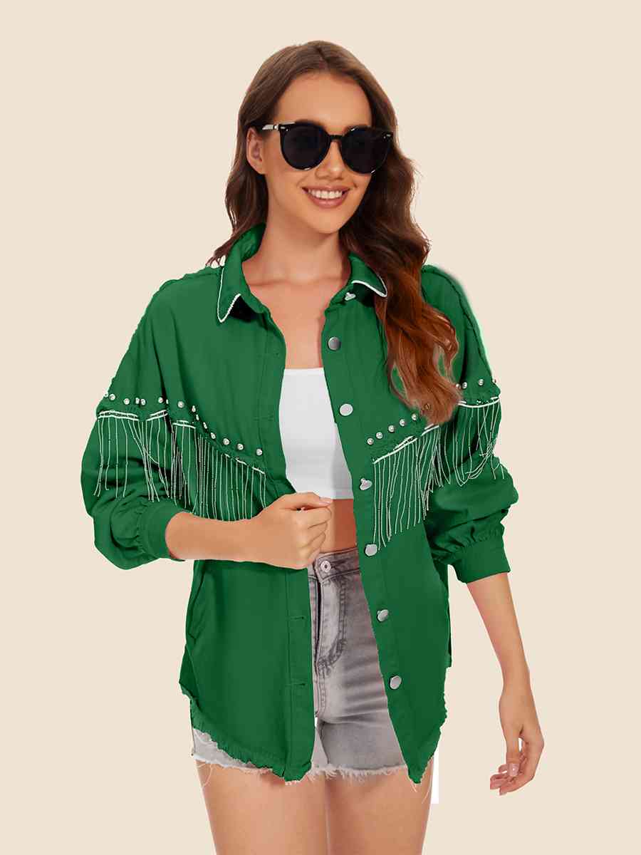 Raw Hem Fringe Detail Denim Jacket Bazaarbey