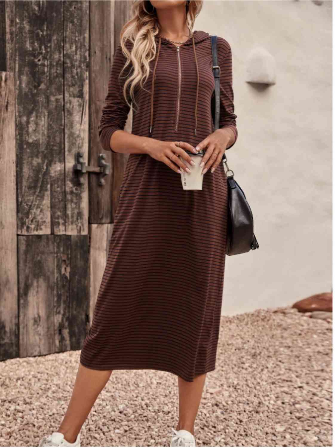 Striped Zip Front Hooded Dress -BazaarBey - www.shopbazaarbey.com