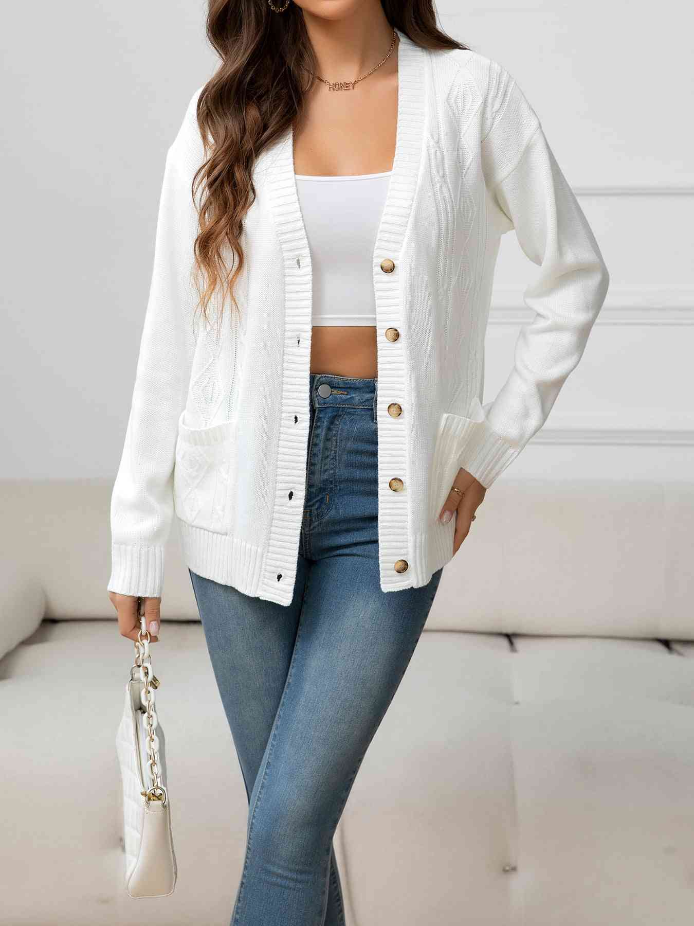 V-Neck Long Sleeve Buttoned Knit Top with Pocket Trendsi