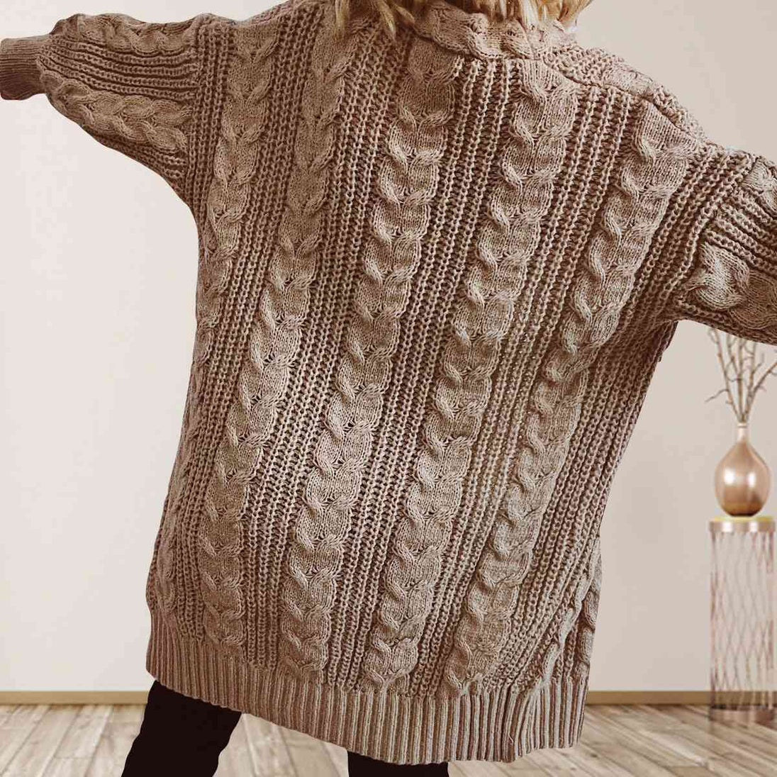 Cable-Knit Open Front Dropped Shoulder Cardigan Trendsi