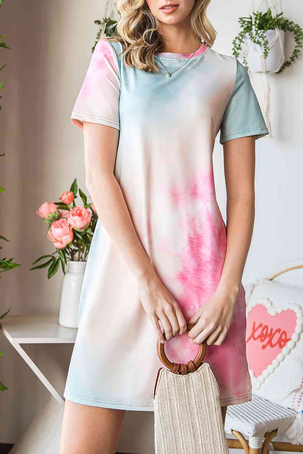 Tie-Dye Round Neck Short Sleeve Slit Dress -BazaarBey - www.shopbazaarbey.com