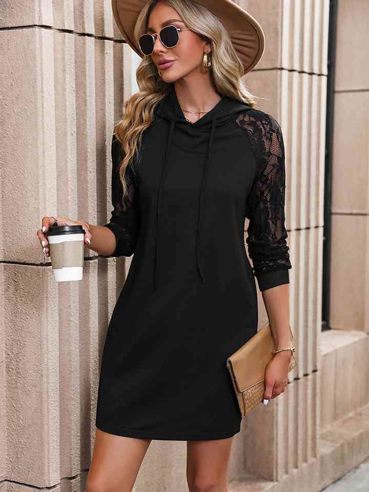 Lace Trim Long Sleeve Hooded Dress -BazaarBey - www.shopbazaarbey.com