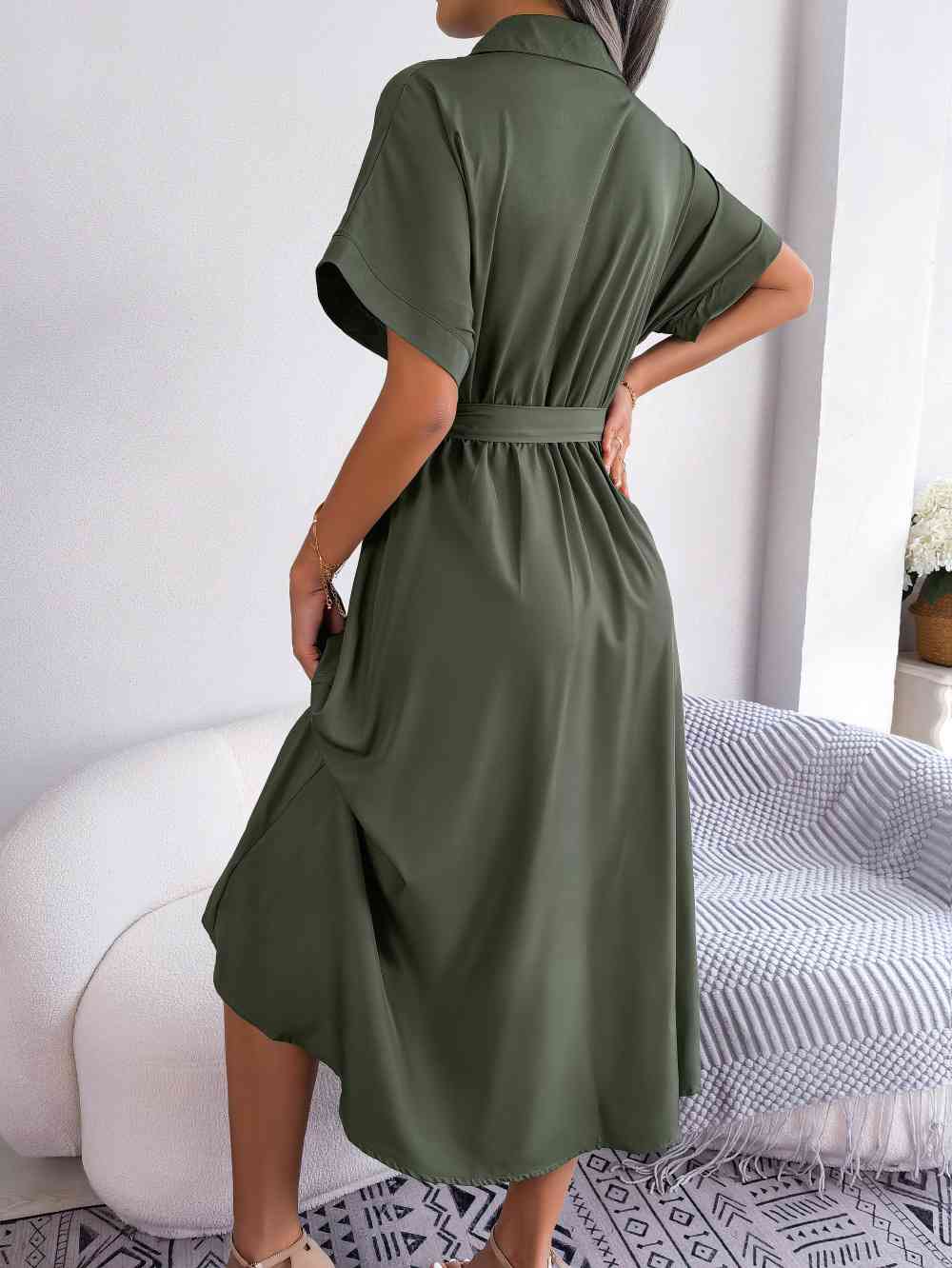 Short Sleeve Collared Tie Belt Dress -BazaarBey - www.shopbazaarbey.com