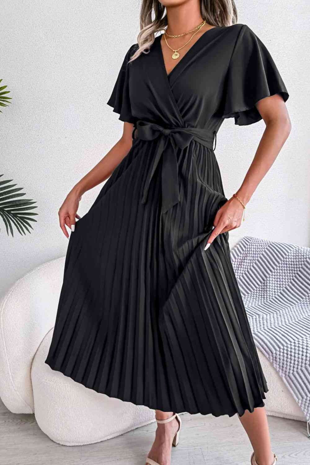 Pleated Flutter Sleeve Belted Dress -BazaarBey - www.shopbazaarbey.com