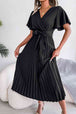 Pleated Flutter Sleeve Belted Dress -BazaarBey - www.shopbazaarbey.com