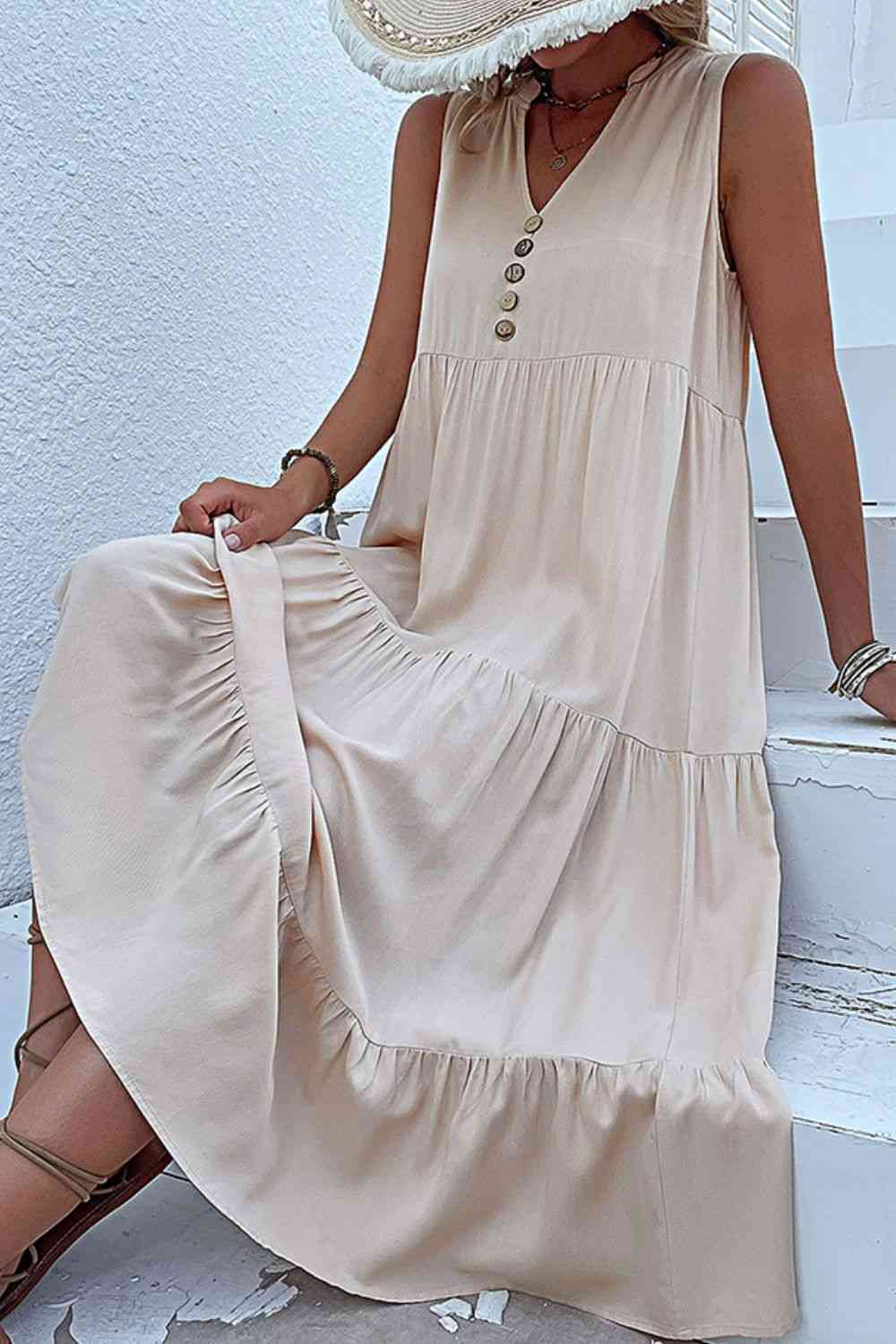 Decorative Button Sleeveless Tiered Dress -BazaarBey - www.shopbazaarbey.com