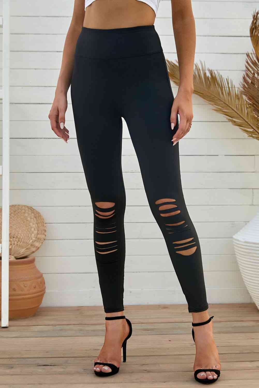  Wide Waistband Distressed Slim Fit Leggings Bazaarbey