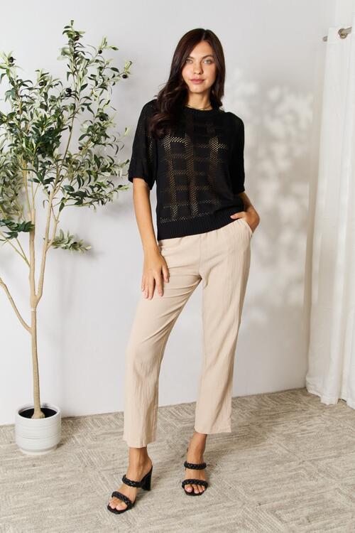  Ribbed Trim Round Neck Knit Top Bazaarbey