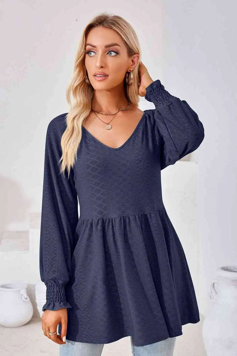 V-Neck Lantern Sleeve Blouse Bazaarbey