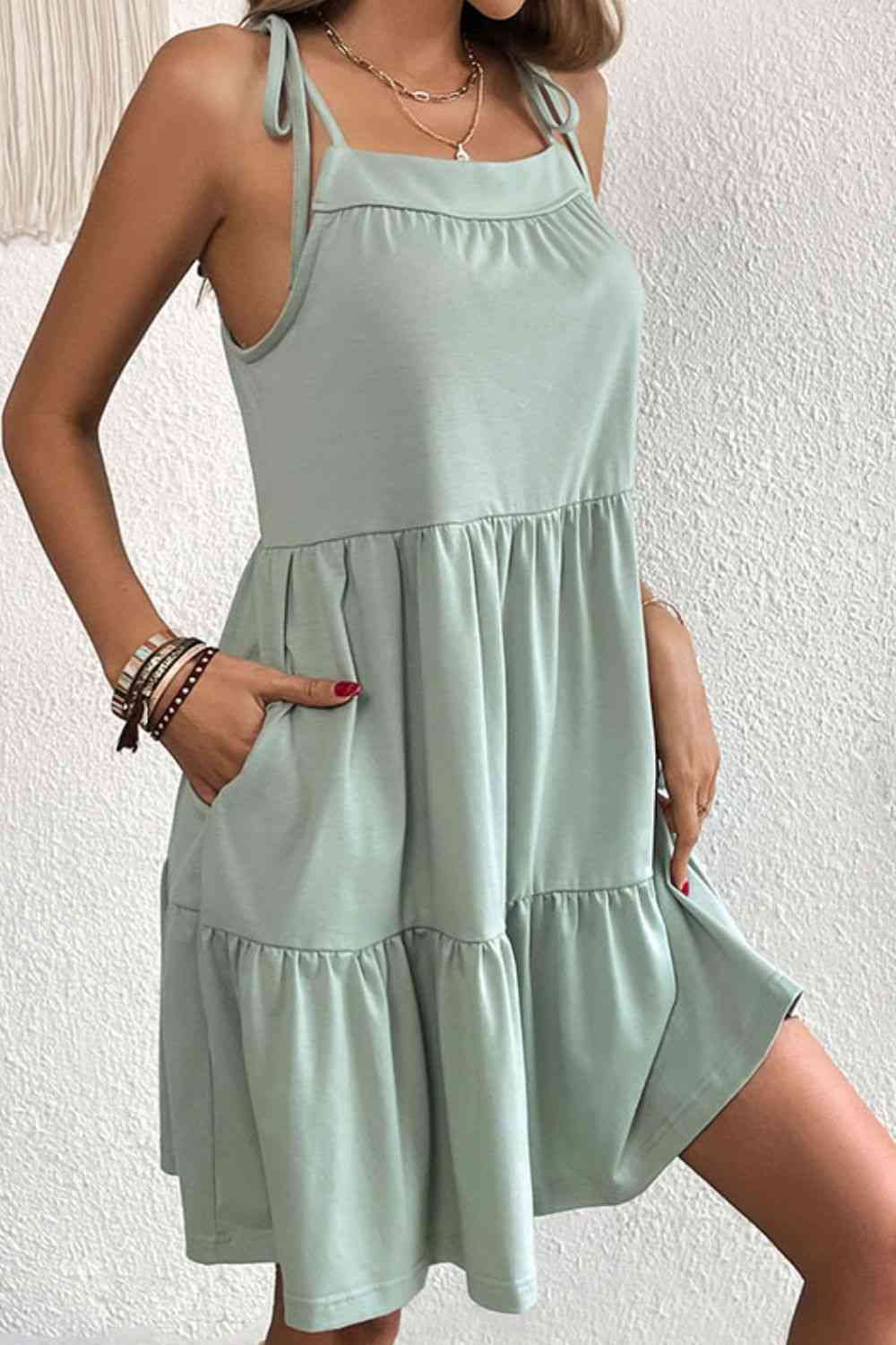 Tie-Shoulder Tiered Dress with Pockets -BazaarBey - www.shopbazaarbey.com