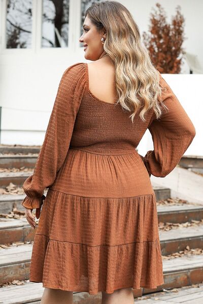 Plus Size Smocked Square Neck Tiered Dress -BazaarBey - www.shopbazaarbey.com
