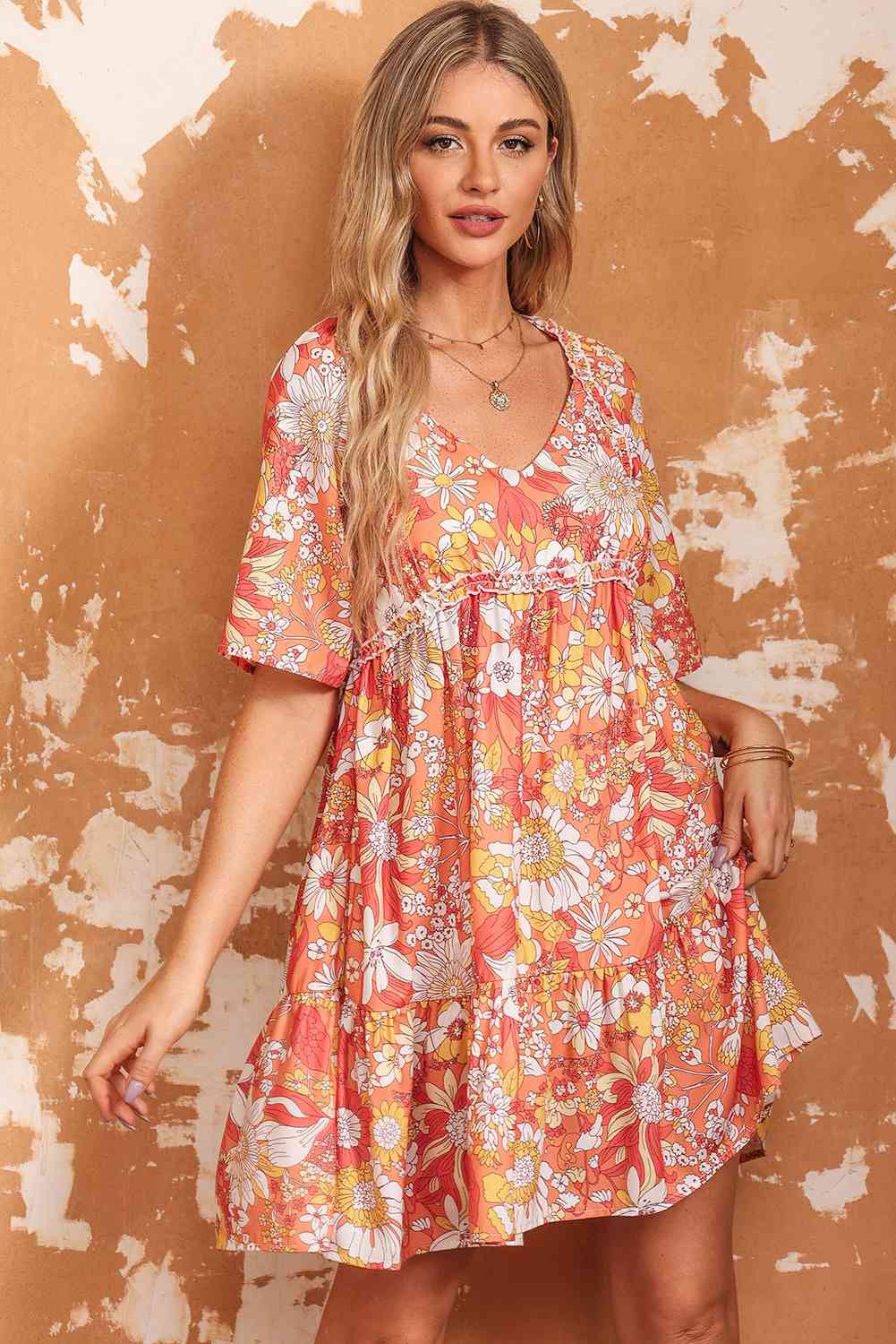 Floral Print V-Neck Short Sleeve Frill Trim Mini Dress -BazaarBey - www.shopbazaarbey.com