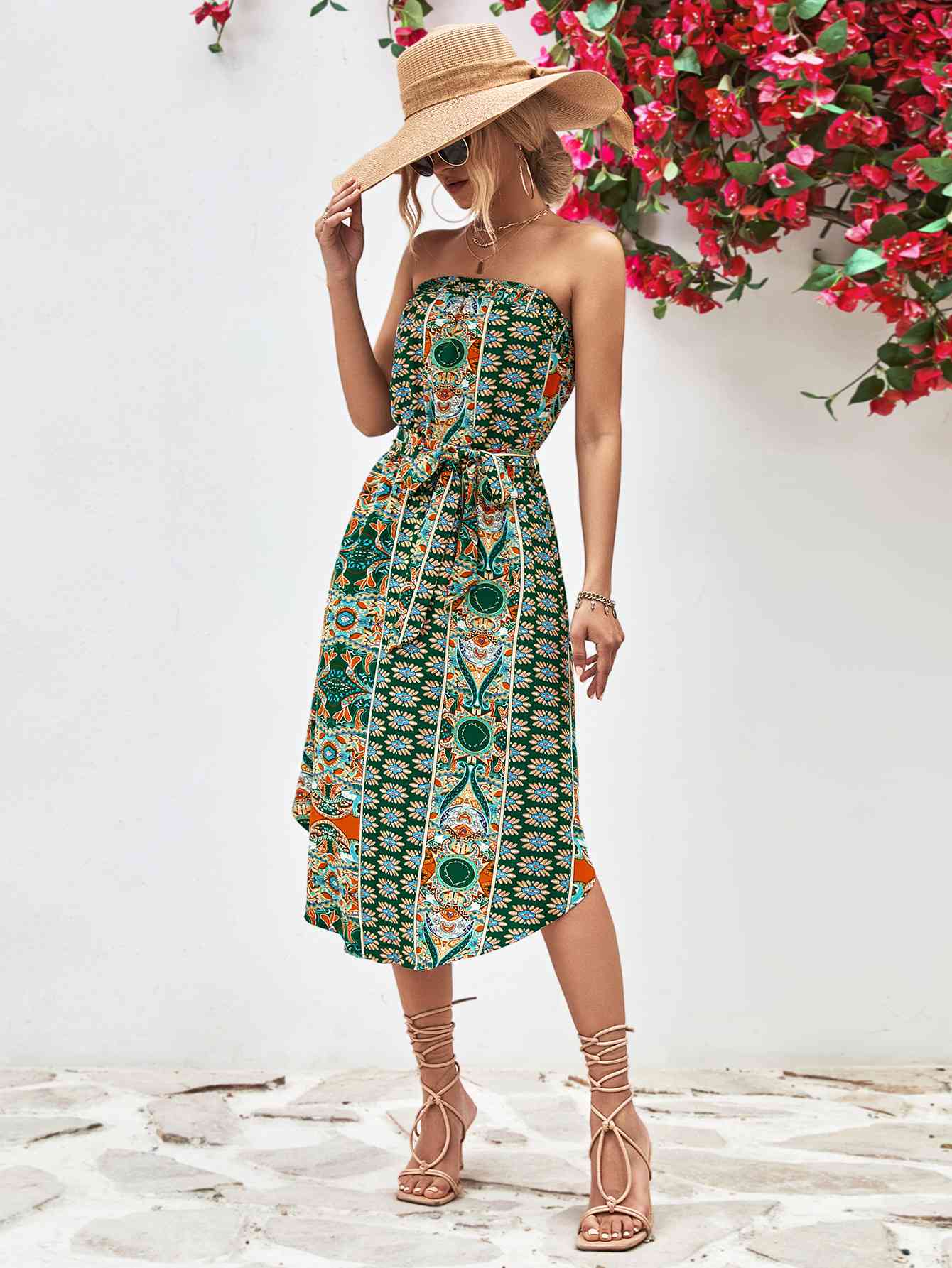 Printed Strapless Tie Belt Dress -BazaarBey - www.shopbazaarbey.com