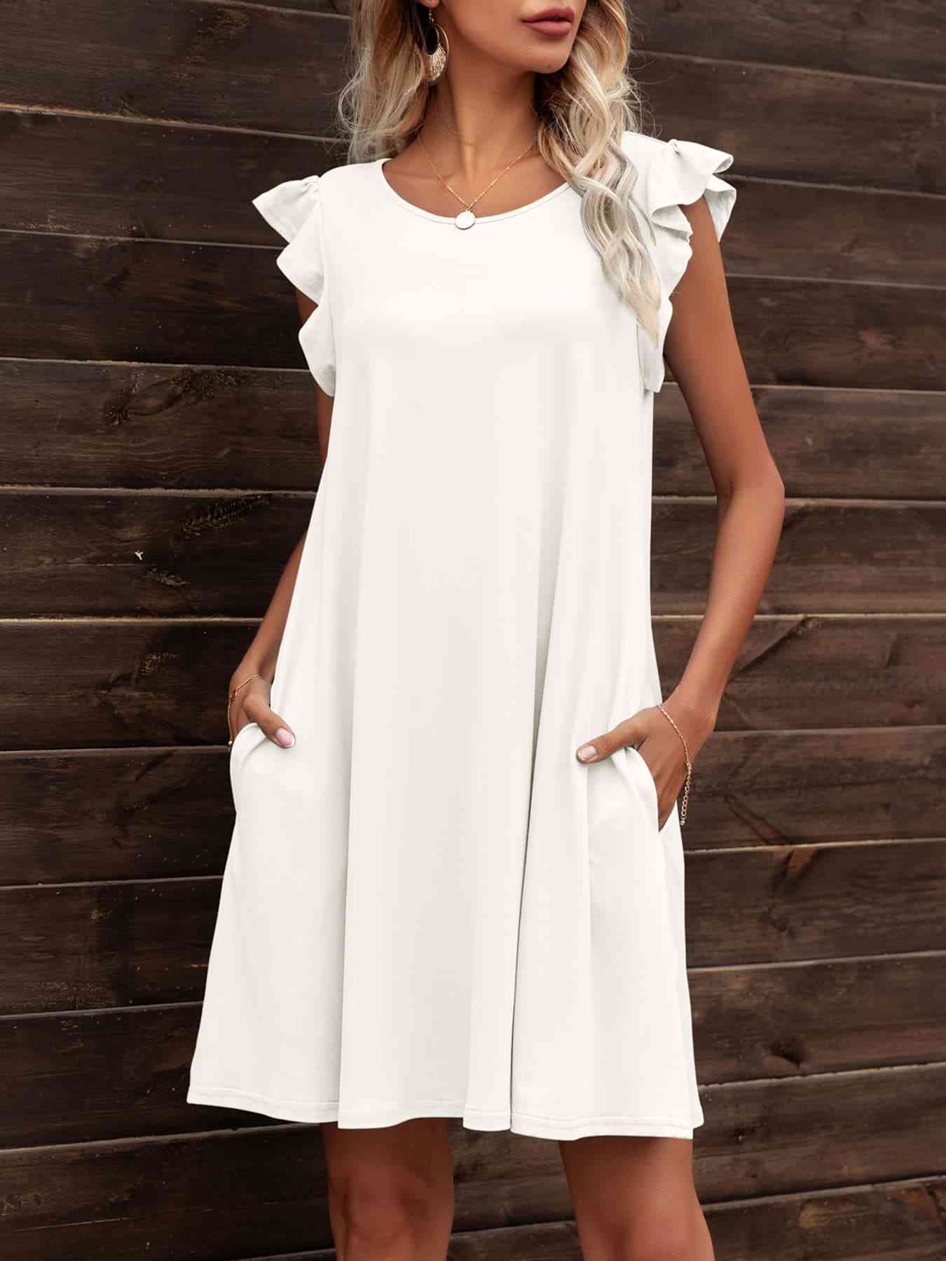 Round Neck Flutter Sleeve Dress with Pockets -BazaarBey - www.shopbazaarbey.com