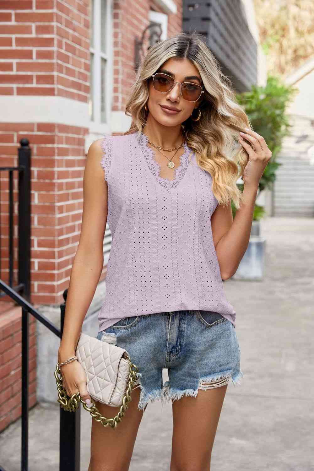  Lace Trim Eyelash V-Neck Tank Bazaarbey