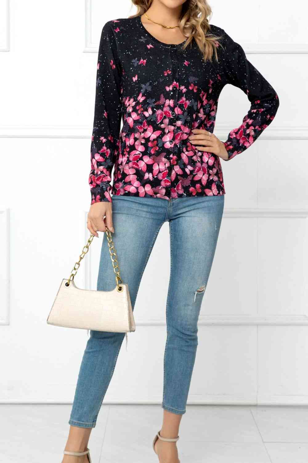  Floral Button Front Round Neck Cardigan Trendsi