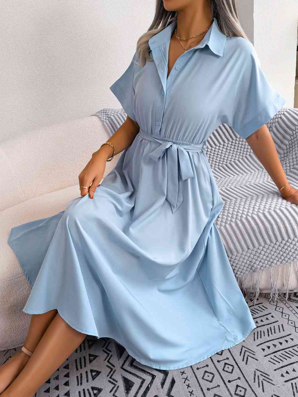 Short Sleeve Collared Tie Belt Dress -BazaarBey - www.shopbazaarbey.com