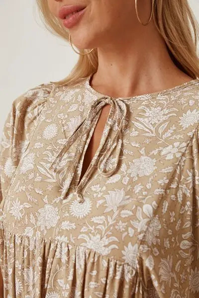 Floral Tie Neck Ruched Babydoll Dress -BazaarBey - www.shopbazaarbey.com