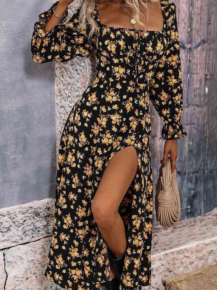 Square Neck Printed Slit Dress -BazaarBey - www.shopbazaarbey.com