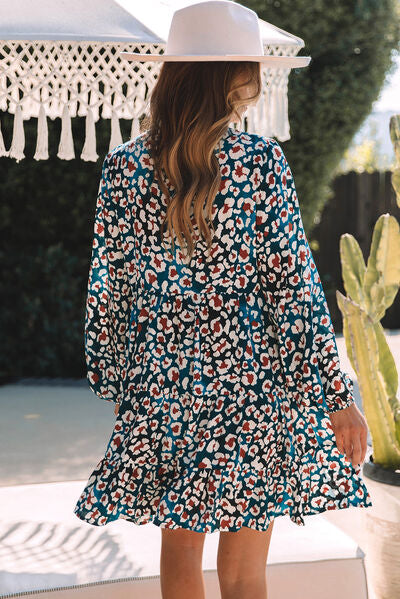 Leopard Half Button Balloon Sleeve Tiered Dress -BazaarBey - www.shopbazaarbey.com