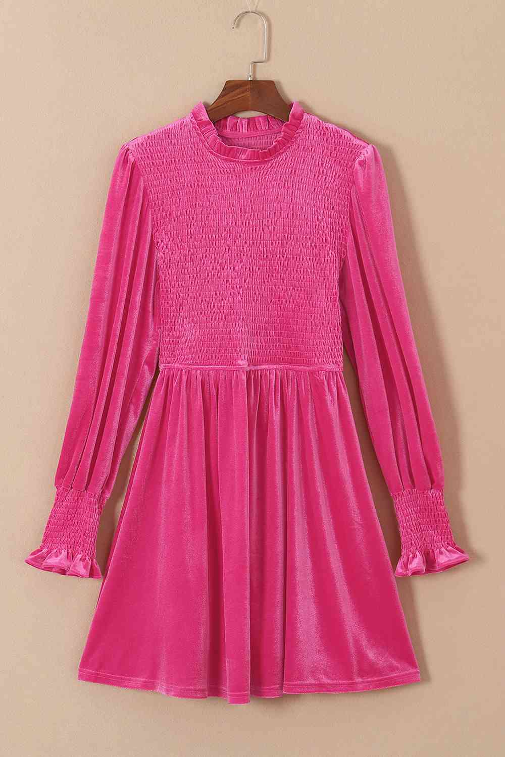 Smocked Round Neck Long Sleeve Dress -BazaarBey - www.shopbazaarbey.com