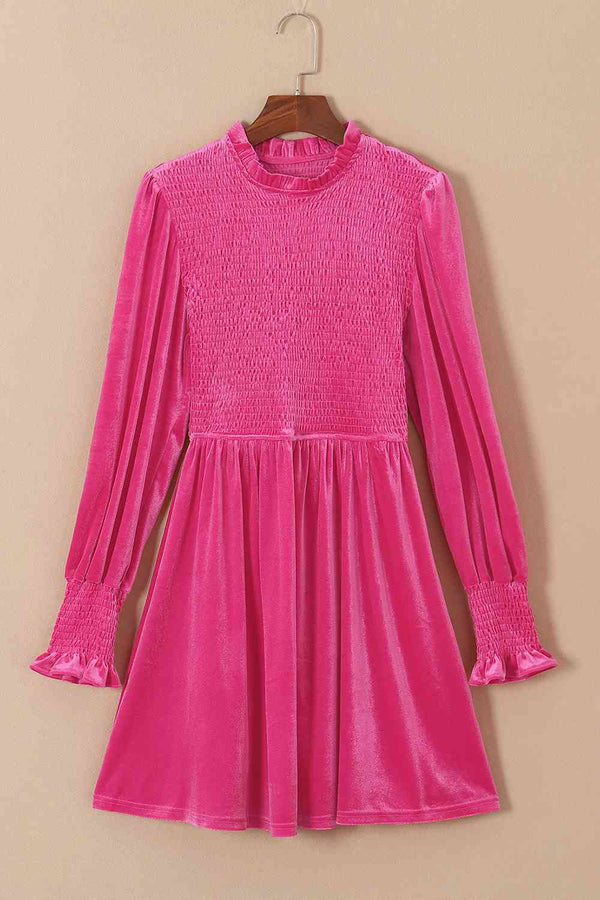 Smocked Round Neck Long Sleeve Dress -BazaarBey - www.shopbazaarbey.com