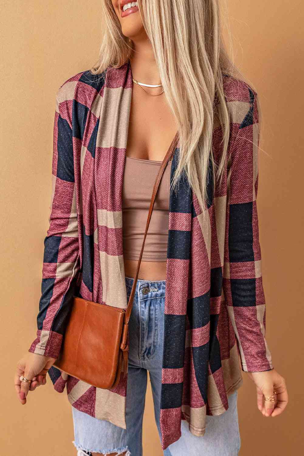 Plaid Open Front Cardigan Trendsi
