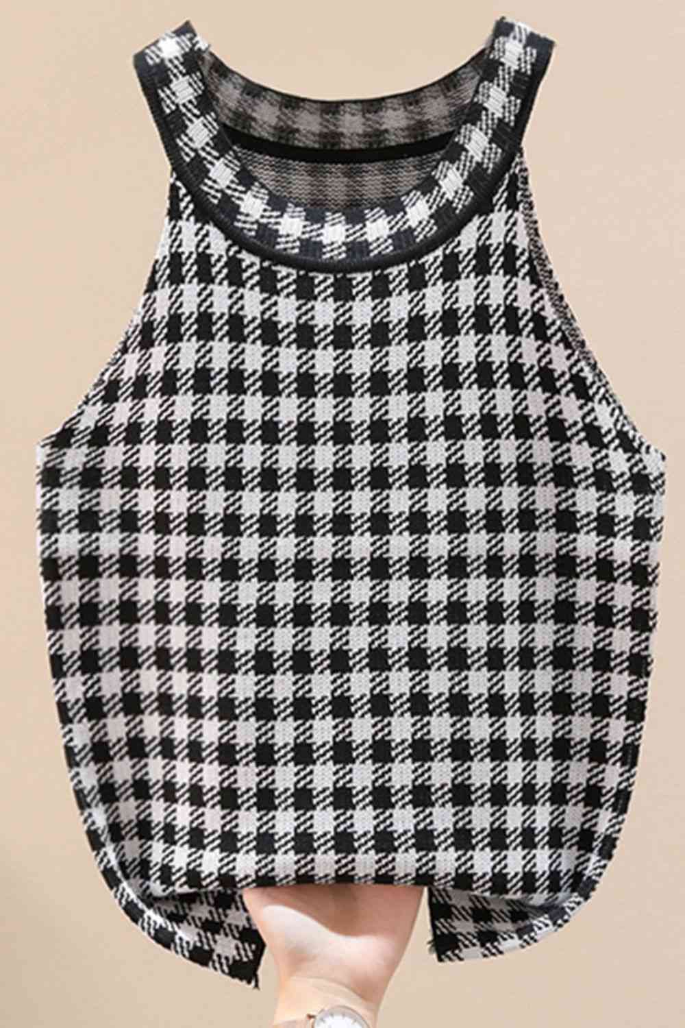 Plaid Round Neck Sleeveless Knit Top Trendsi