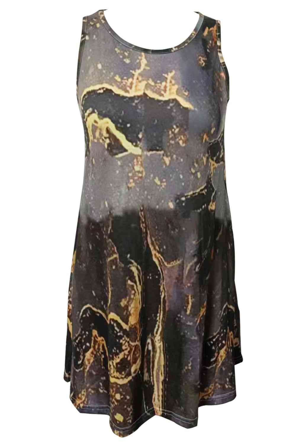 Abstract Print Round Neck Sleeveless Dress with Pockets -BazaarBey - www.shopbazaarbey.com