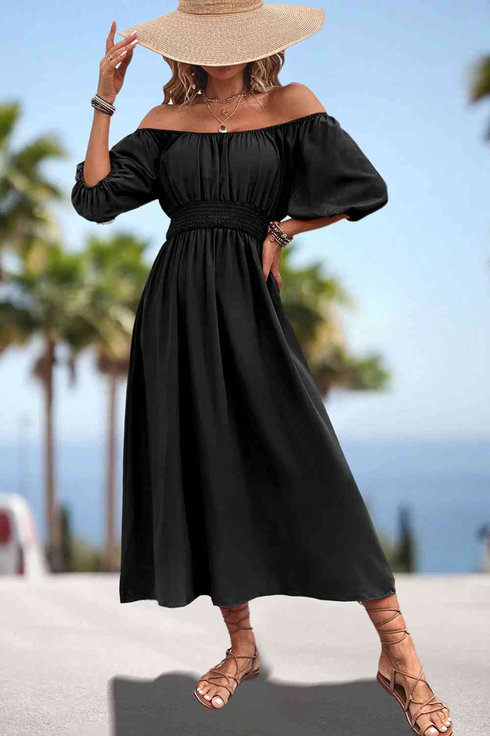 Square Neck Smocked Waist Puff Sleeve Midi Dress -BazaarBey - www.shopbazaarbey.com