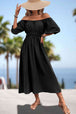 Square Neck Smocked Waist Puff Sleeve Midi Dress -BazaarBey - www.shopbazaarbey.com