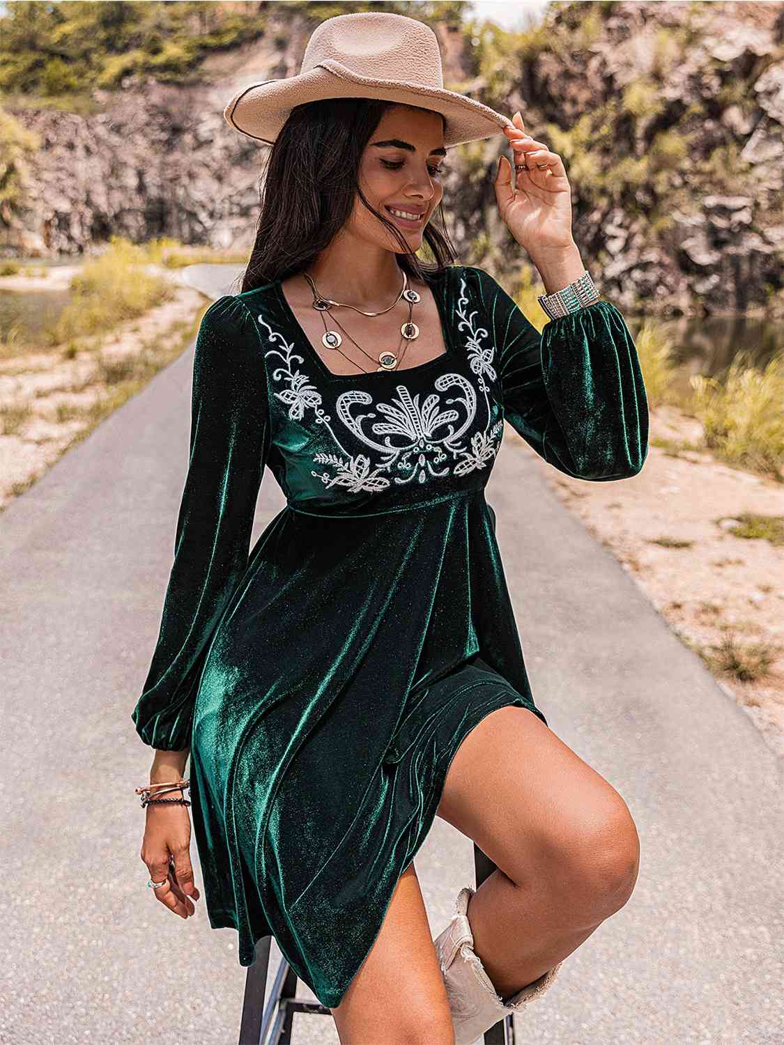 Embroidered Square Neck Long Sleeve Dress -BazaarBey - www.shopbazaarbey.com