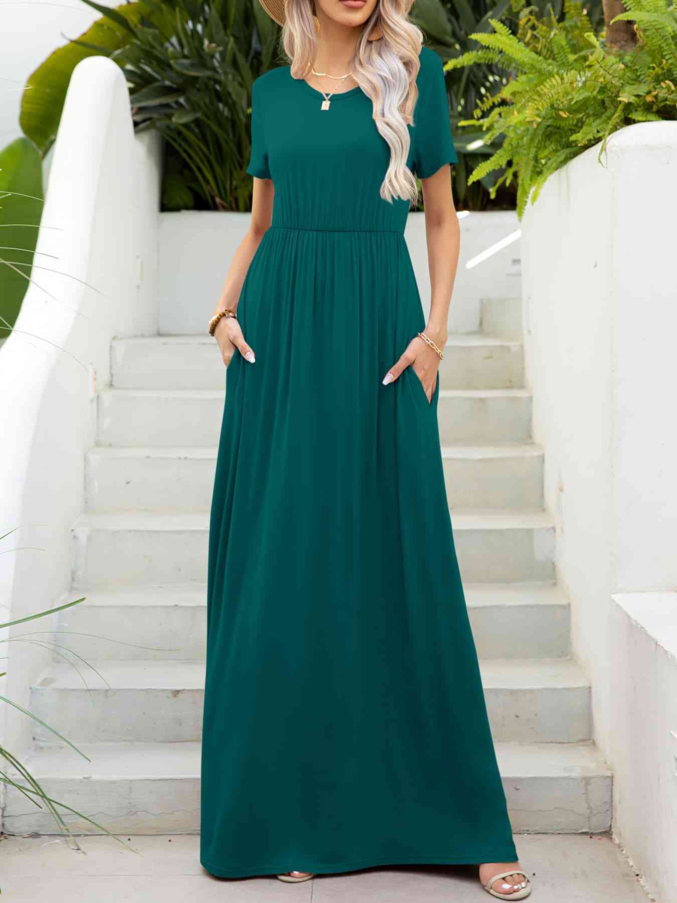 Round Neck Short Sleeve Maxi Dress with Pockets -BazaarBey - www.shopbazaarbey.com