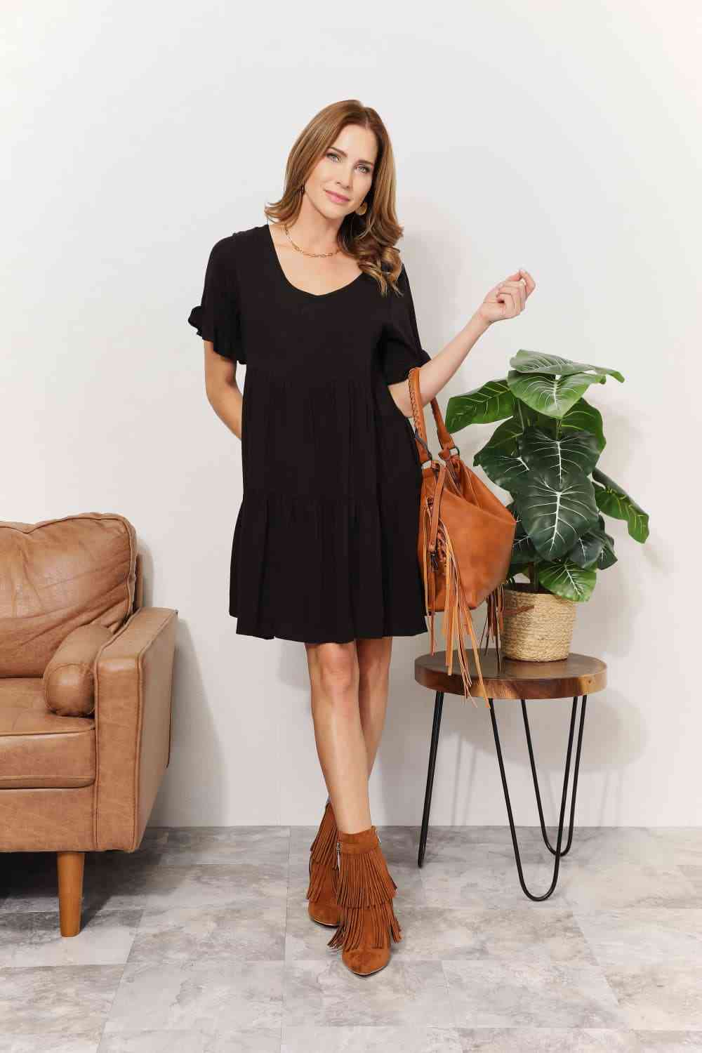  V-Neck Flounce Sleeve Tiered Dress -BazaarBey - www.shopbazaarbey.com