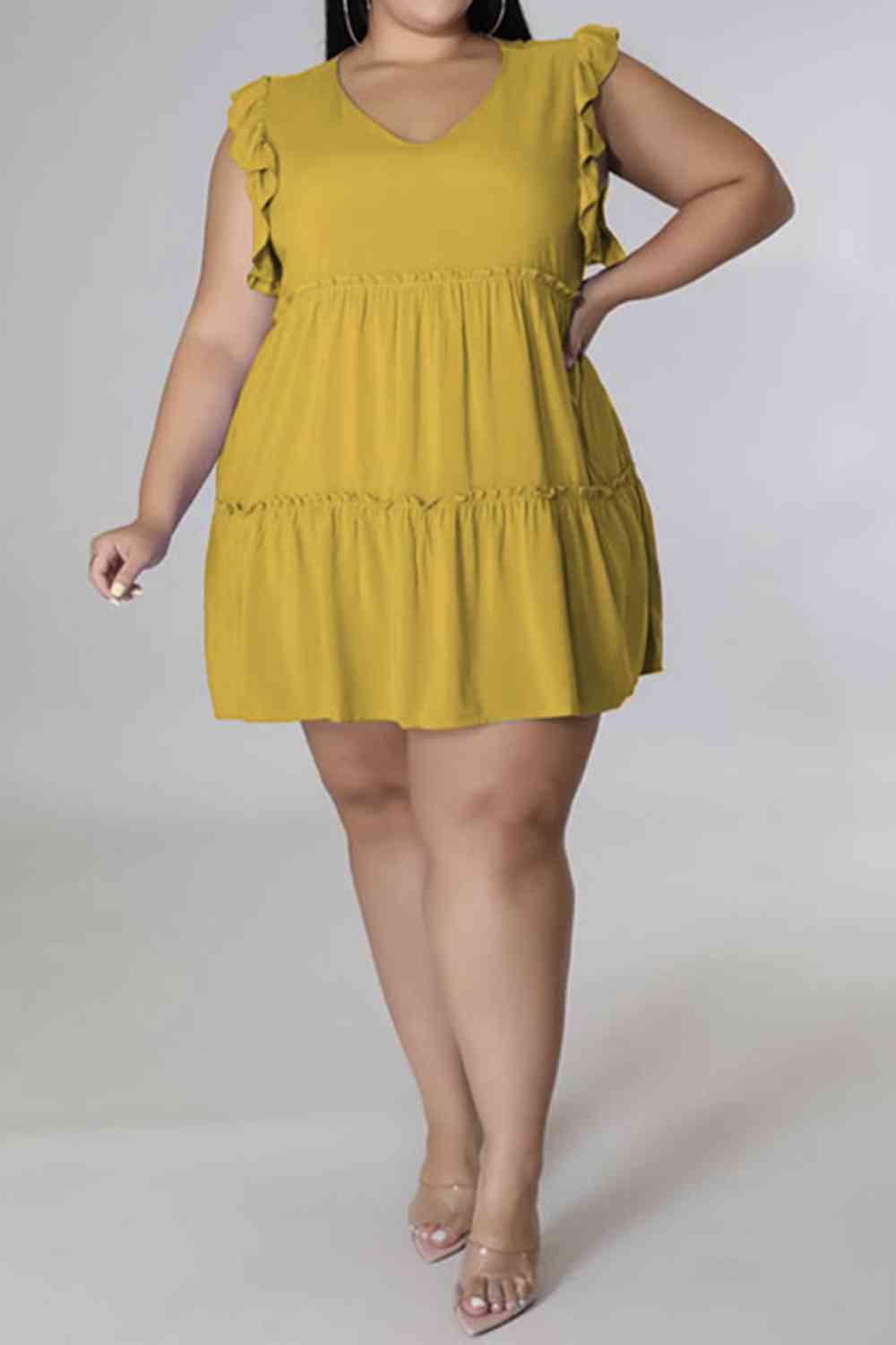 Plus Size V-Neck Frill Trim Mini Dress -BazaarBey - www.shopbazaarbey.com