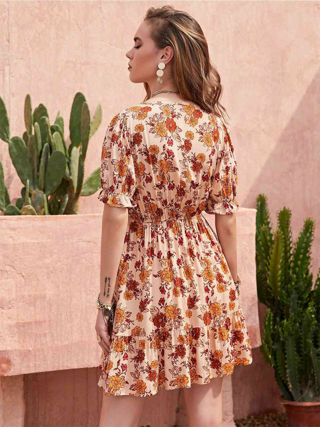 Floral V-Neck Flounce Sleeve Ruffle Hem Dress -BazaarBey - www.shopbazaarbey.com